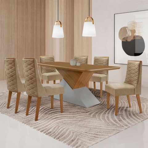 Mesa para Sala de Jantar Aster 180cm Mdf Tampo Laminado Canto Copo e 6 Cadeiras Safira