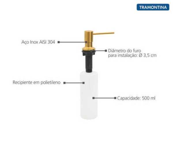 Dosador de Sabão Aço inox Gold com Recipiente Plástico 500ml - 3