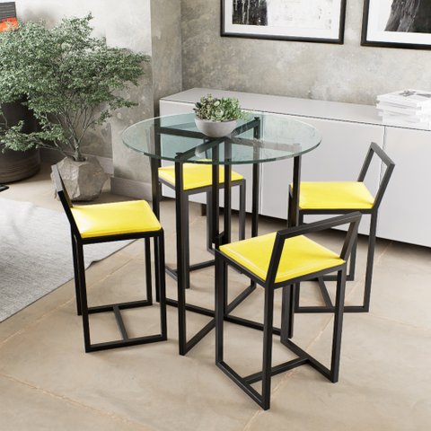 Conjunto Mesa 4 Cadeiras Estofado Tampo Vidro Redondo Industrial Black