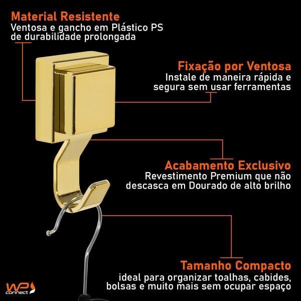 Gancho Multiuso Cabide Toalheiro Fixação por Ventosa Dourado - 3