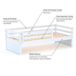 Cama Solteiro Dreams com Grade de Proteção Madeira Maciça Branco Megamobilia - 3