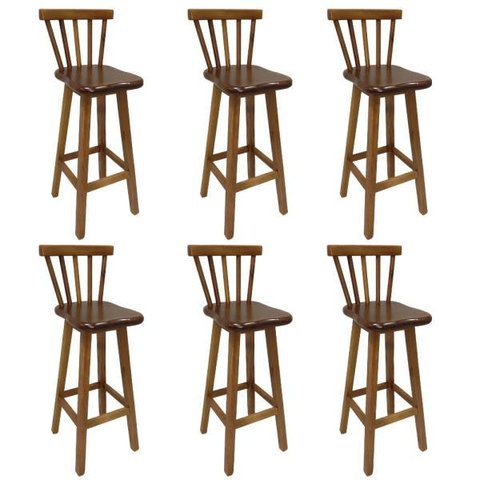 Kit 6 Banqueta Alta de Madeira com Encosto Country