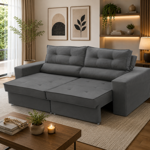 Sofá Retrátil 3 Lugares 2,30m com Molas Magali Suede Cinza