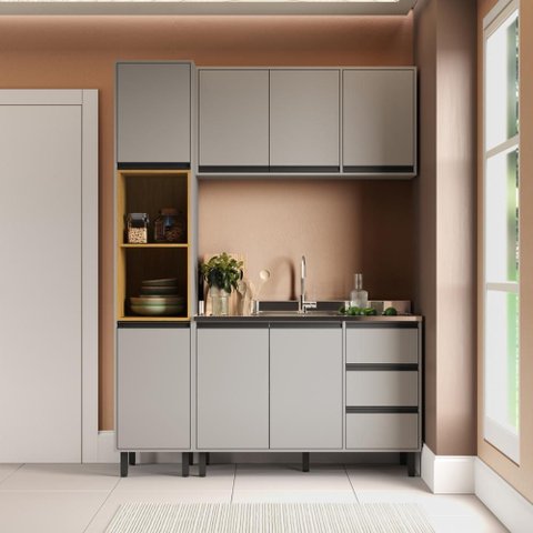 Cozinha Compacta Tóquio 3 Peças Cinza e Mascavo 220x160cm Casamia