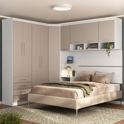 Quarto Modulado Casal de Canto com Guarda-roupas Maleiro e Cabeceira Alpes Master Luciane Móveis