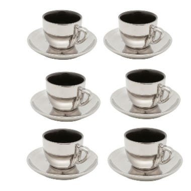 Conjunto 6 Xícaras de Porcelana para Chá com Pires Preto/Prata Versa 220Ml