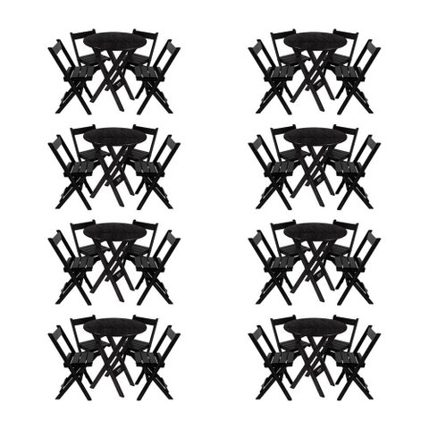 Kit 8 Conjuntos Mesa Redondo 70cm Dobrável com 4 Cadeiras em Madeira Maciça - Preto - Preto
