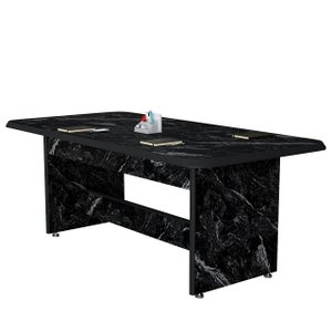 Mesa de Reunião Retangular 160cm Mármorizado Escritório 6 Lugares:preto/mármore