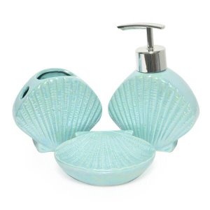 Kit para Banheiro Lavabo 3 Peças Sereia Concha Perolado:verde
