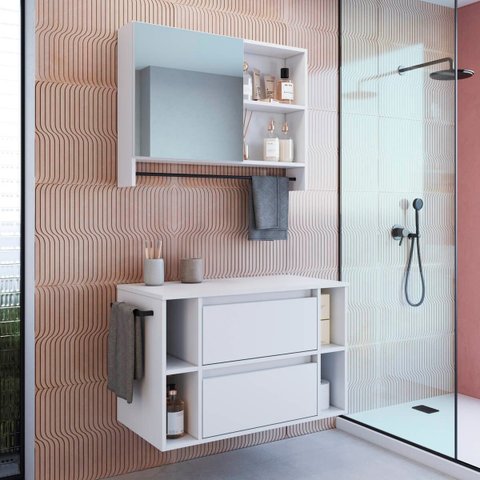 Conjunto Banheiro Gabinete 80cm e Espelheira Branco Cj8010