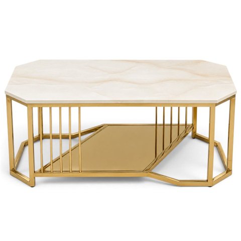 Mesa de Centro Moderna Dourada com Tampo Marmorizado a: 45cm L: 100cm P: 50cm