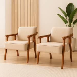 Kit 2 Poltronas Decorativas Estofadas em Linho com Pés de Madeira Maciça para Sala e Escritório