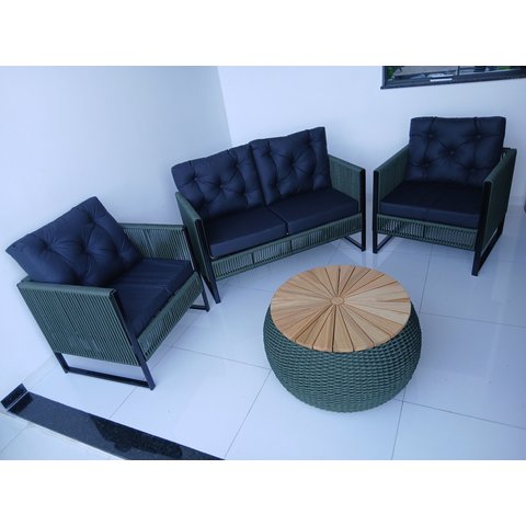 Conjunto Moveis de Corda Náutica Cor Verde Sofá Poltronas e Mesa Conjunto Rivieira Jardim Varanda