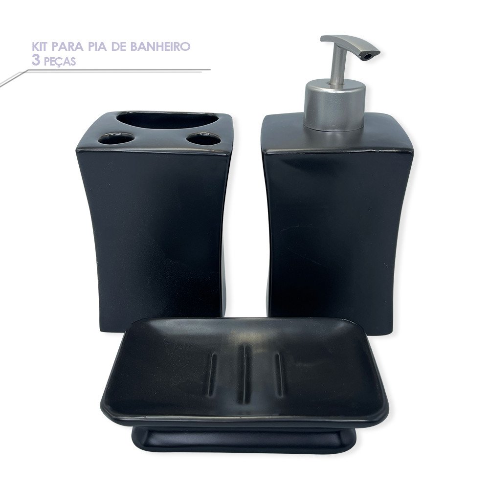 Kit com 03 Peças Organizador de Banheiro Porcelana Preto - 5