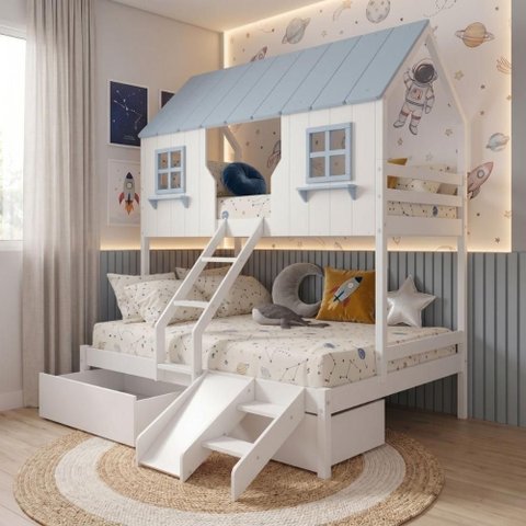 Beliche Casal/ Solteiro Casinha Encantada com 02 Gavetas Kit Escada/ Escorregador Madeira Maciça
