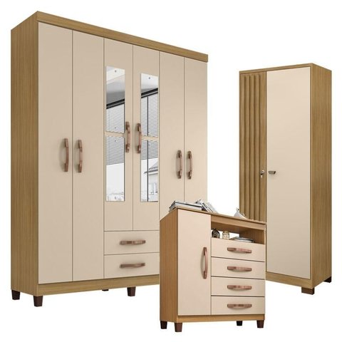Guarda Roupa Casal Modena com Espelho 6 Portas e Cômoda Sapateira Cannes com Armário Multiuso Versat