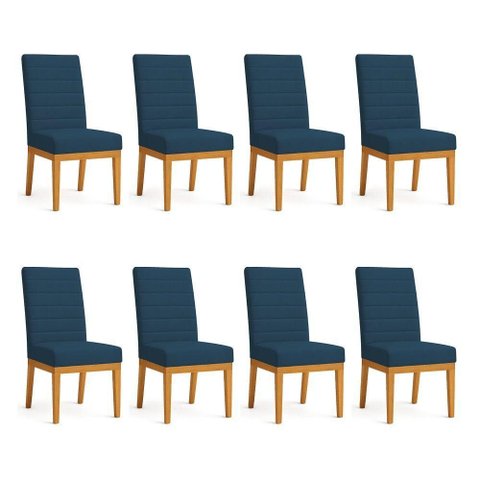 Kit 8 Cadeiras de Jantar Solana Suede Base de Madeira - Pallazio Cor Azul Marinho