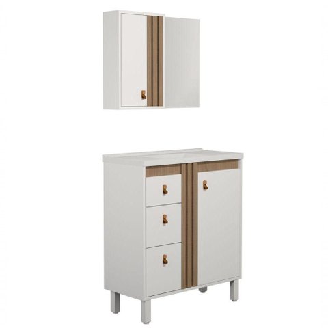Conjunto Gabinete e Espelho para Banheiro Ariel 1 Porta 3 Gavetas MDF e MDP 88cm Branco Jequitibá