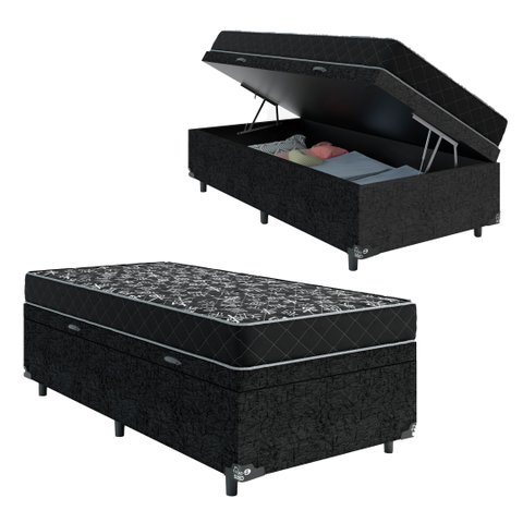 Cama Box Baú Solteiro + Colchão Espuma D20 - 56x88x188cm - e-Shop Casa - Suede Preto
