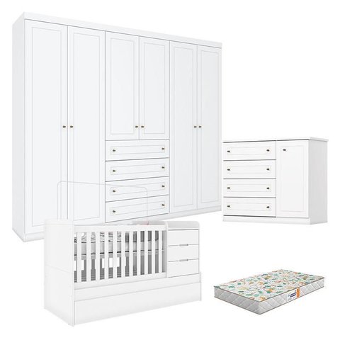 Quarto Infantil 6 Portas Americano com Berço Multifuncional Cleo Branco Fosco e Colchão Gazin -