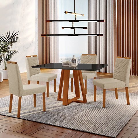 Conjunto Sala de Jantar Mesa Floripa Madeira Maciça 140x80cm Tampo Retângular Vidro Preto com 4 Cade