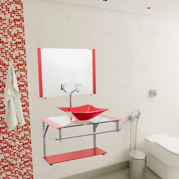 Gabinete Com Cuba Para Banheiro De Vidro 60cm + Torneira Link - Vermelho - Dubai 60x45 - 1