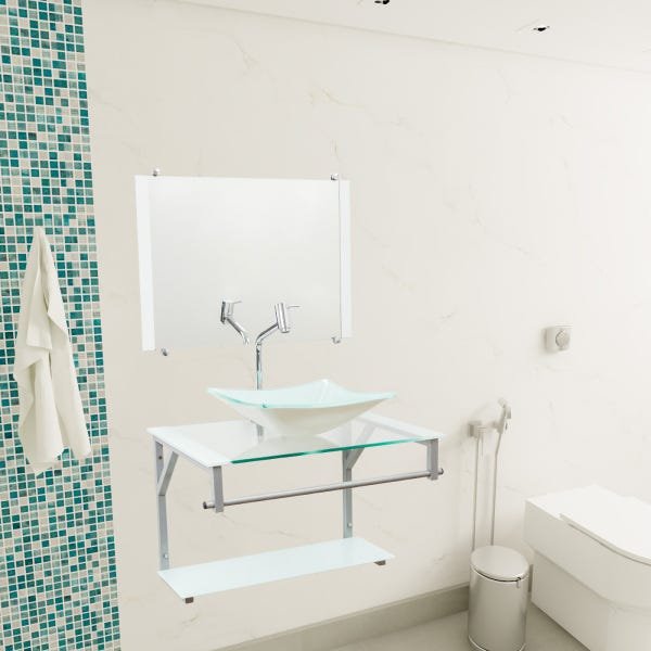 Gabinete com Cuba para Banheiro de Vidro 60cm + Torneira Link - Branco - Dubai 60x45 - 1