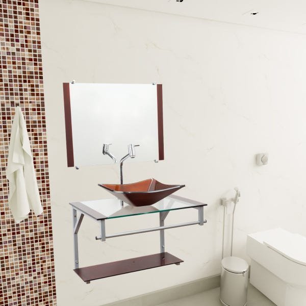 Gabinete Com Cuba Para Banheiro De Vidro 60cm + Torneira Link - Marrom - Dubai 60x45 - 1