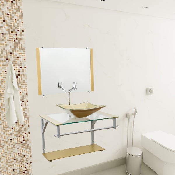 Gabinete Com Cuba Para Banheiro De Vidro 60cm + Torneira Link - Dourado - Dubai 60x45 - 1