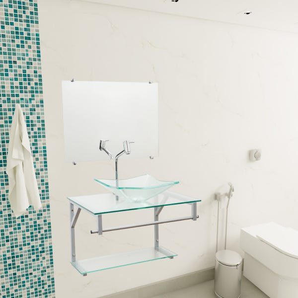 Gabinete Com Cuba Para Banheiro De Vidro 60cm + Torneira Link - Incolor - Dubai 60x45 - 1