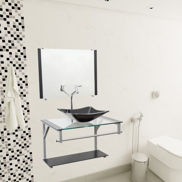 Gabinete Com Cuba Para Banheiro De Vidro 60cm + Torneira Link - Preto - Dubai 60x45