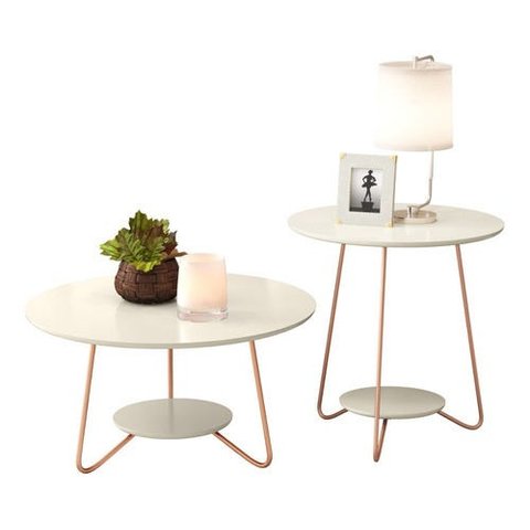 Mesinha Centro + Mesa Lateral MDF com Pés Ferro Estilo Retrô - Pintura Uv - Creme