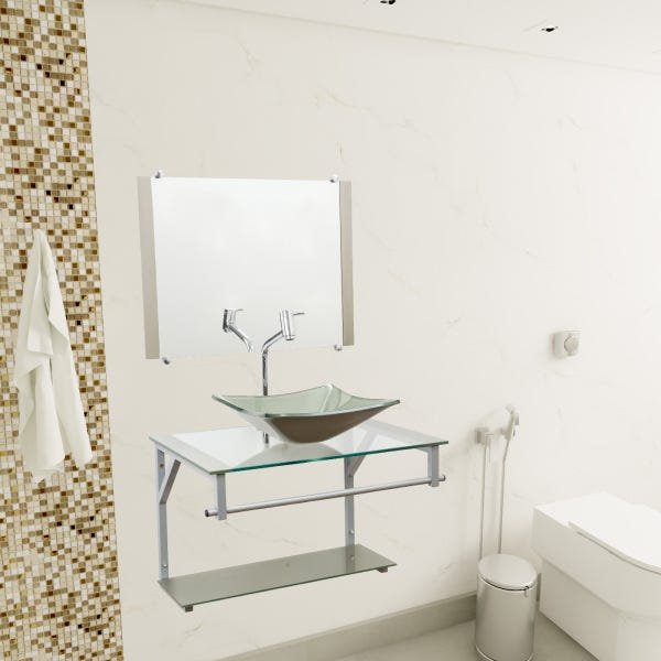 Gabinete Com Cuba Para Banheiro De Vidro 60cm + Torneira Link - Bege - Dubai 60x45 - 1