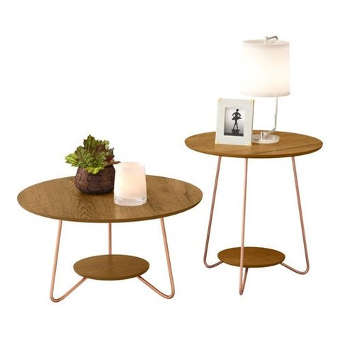 Mesinha Centro + Mesa Lateral Mdf com Pés Ferro Estilo Retrô - Pintura Uv - Marrom
