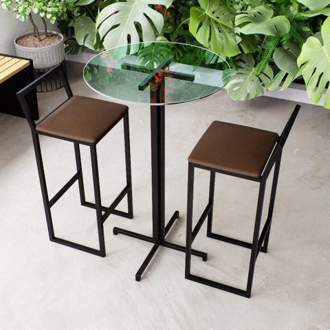 Conjunto Mesa Alta Bar Bistrô Redonda Vidro 2 Banquetas Estofado Industrial Don Castro