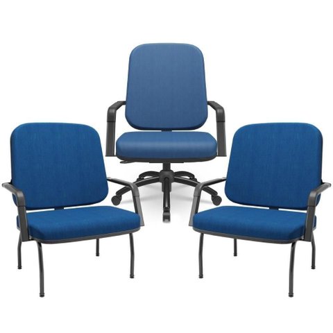 Kit Cadeira de Escritório Giratória e 2 Cadeiras Fixas Preta Magno P03 Crepe Azul - Lyam Decor