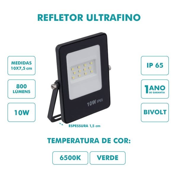 Refletor Ultrafino LED Bivolt Preto Luz Verde 10W 800 Lúmens - 2