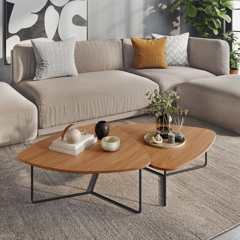 Kit 2 Mesas de Centro para Decoração Sala de Estar Metal Preto Design Orgânico Capri - Louro Freijó