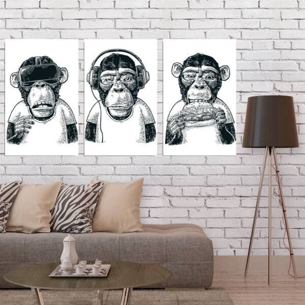 Conjunto Com Três Telas - Macacos Engraçados - 60x40cm - Bela Arte