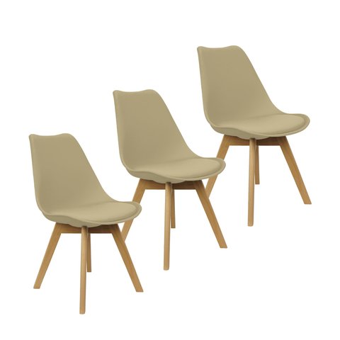 Kit 3 Cadeiras Charles Eames Leda Luisa Saarinen Design Wood Estofada Base Madeira - Bege