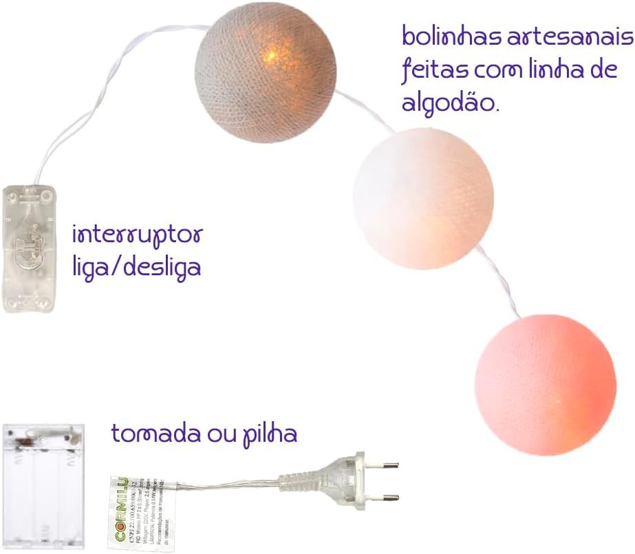 Bolinhas de Luz Cormilu Led, À Pilha, 10 Bolas, 1.5m, (rosa e Cinza) - 3