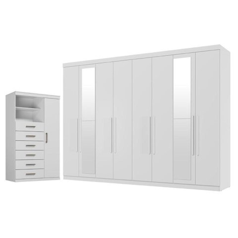 Guarda Roupa Casal com Cômoda Master New 8 Portas de Bater 4 Gavetas MDP Branco Brilho Santos Andir
