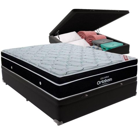 Cama Box Baú Preto e Colchão Elegant Molas Ensacadas Casal Ortobom