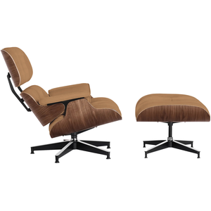 Poltrona com Puff Charles Eames Madeira Imbúia Couro Natural Legitimo:areia