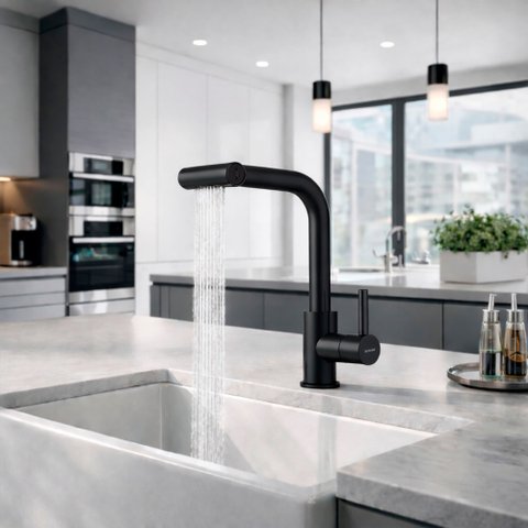 Torneira Gourmet Misturador Monocomando Cozinha de Bancada Extensível Inox 304 Preta Brinovar