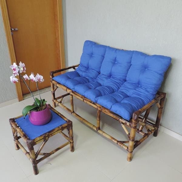 Kit Sofá de Bambu 3 Lugares com Almofadas Azul - 3