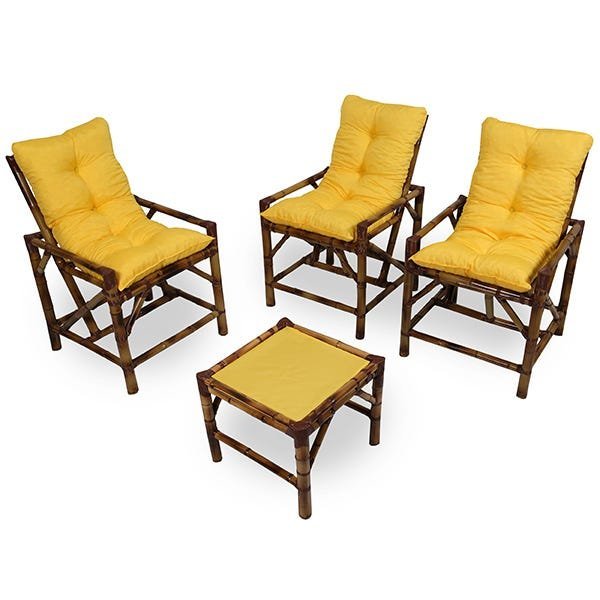 Kit Cadeiras de Bambu 3 Lugares com Almofadas Amarela - 1