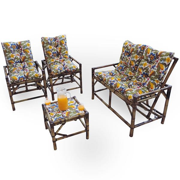Kit Sofá de Bambu 4 Lugares com Almofadas Floral - 1