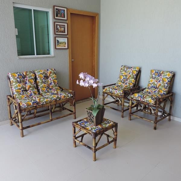 Kit Sofá de Bambu 4 Lugares com Almofadas Floral - 2