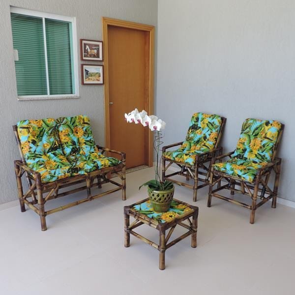 Kit Sofá de Bambu 4 Lugares com Almofadas Flor Amarela - 3